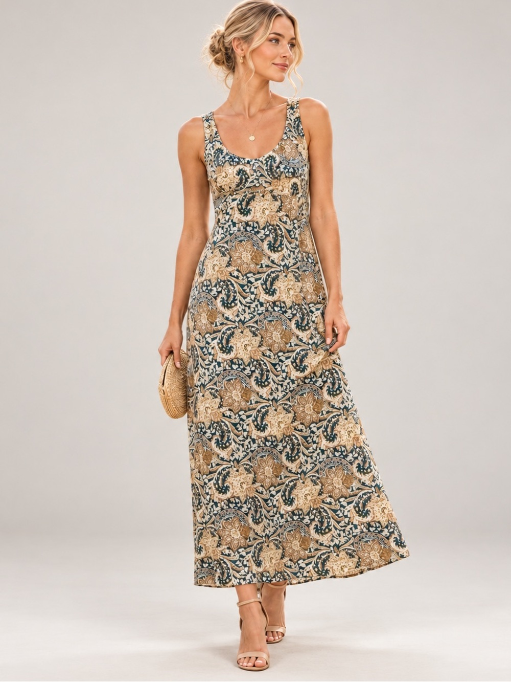 Anthropologie Drew | Women's Floral Sleeveless Dress Blue and Tan Size S